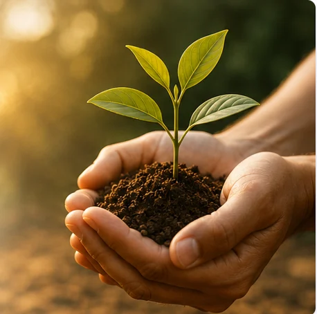Hands cradling soil with a small green sprout